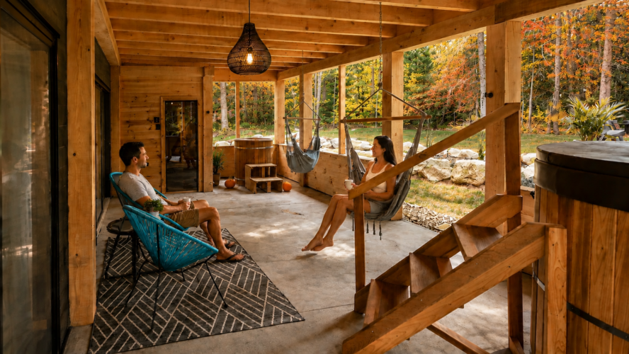 Couple dans l'espace détente avec sauna du Chalet à louer Chalets NordiK Le Solara à Lanaudiere, chalet avec spa à Notre-Dame-de-la-Merci.