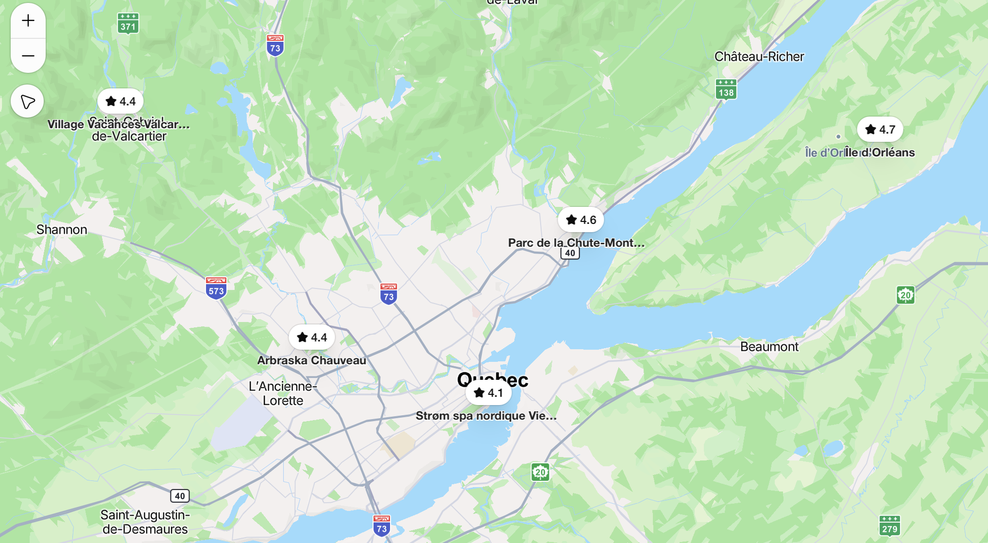 Map of the Quebec City region showing featured activities including Strøm spa nordique, Arbraska Chauveau, Montmorency Falls Park, Île d’Orléans and Village Vacances Valcartier.